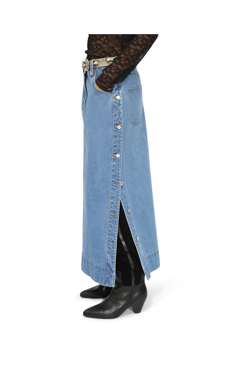 Belle & Bloom Edge Line Denim Maxi Skirt with Side Buttons, Alternate, color, Dark Blue
