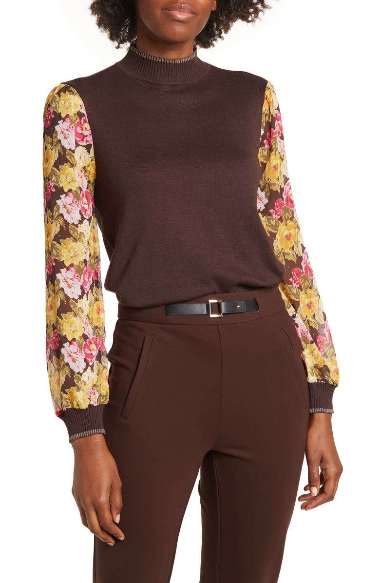 BY DESIGN Leila Mock Neck Chiffon Sleeve Sweater, Main, color, Black Coffee W/ Brocade Floral