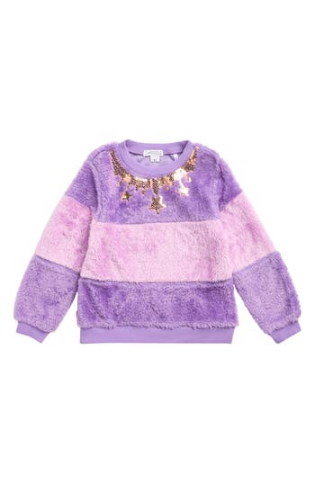 Flapdoodles Kids' Faux Fur & Sequin Stripe Pullover Sweater In Purple