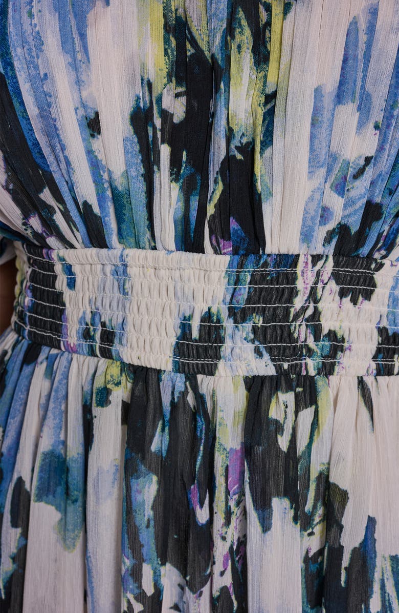 BCBG Abstract Print Plissé Chiffon Midi Dress, Alternate, color, Parchment Multi