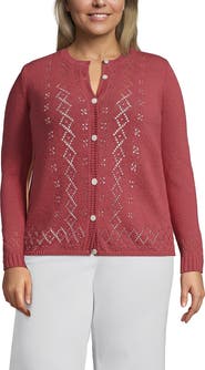 Lands' End Plus Size Pointelle Crew Neck Cardigan Sweater