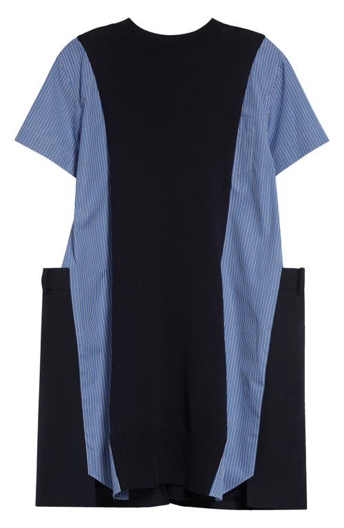 Shop Sacai Mixed Media Knit & Poplin Dress In Navy/blue Stripe