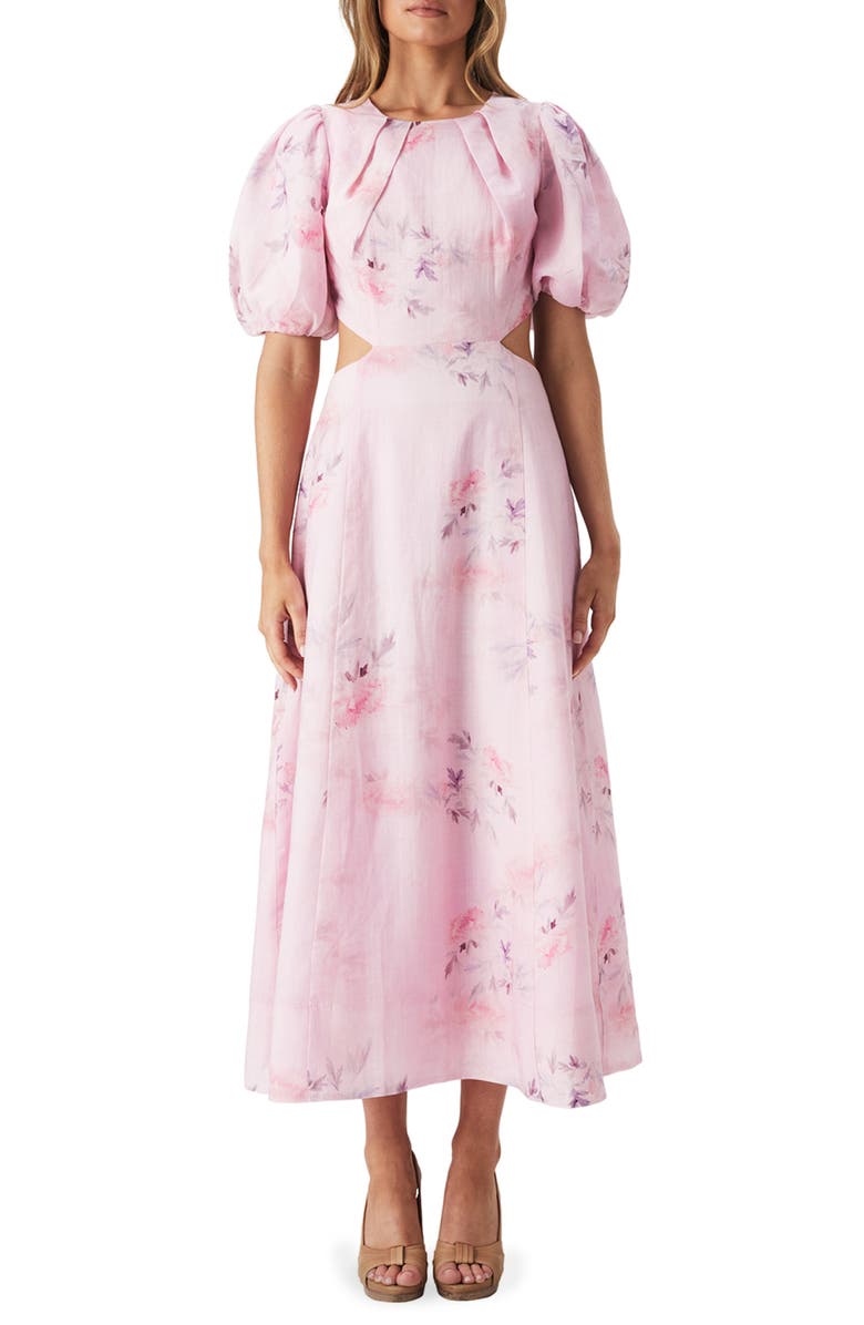 Bardot Malina Floral Cutout Puff Sleeve Midi Dress, Main, color, 