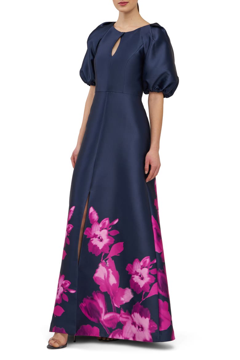 Delfina Puff Sleeve Mikado Gown, Alternate, color, MIDNIGHT/PINK ZINNIA