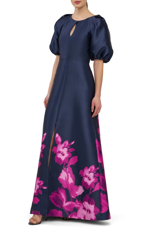 Kay Unger Delfina Puff Sleeve Mikado Gown In Blue