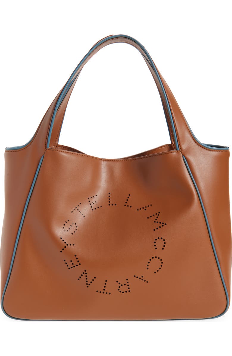 Stella McCartney Perforated Logo Faux Leather Tote, Main, color, Brandy