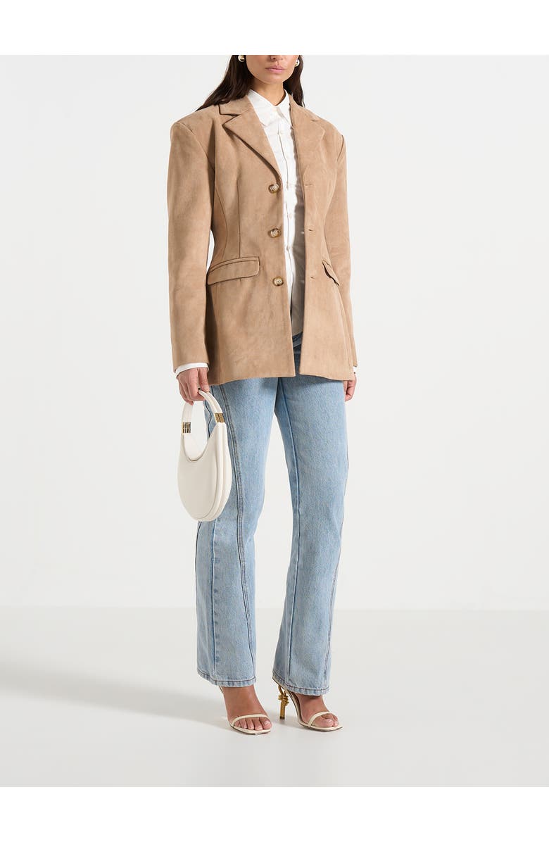 Manière De Voir Claire Suede Wide Shoulder Cinch Waist Blazer, Main, color, Beige