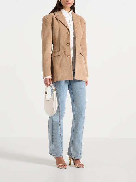 Claire Suede Wide Shoulder Cinch Waist Blazer