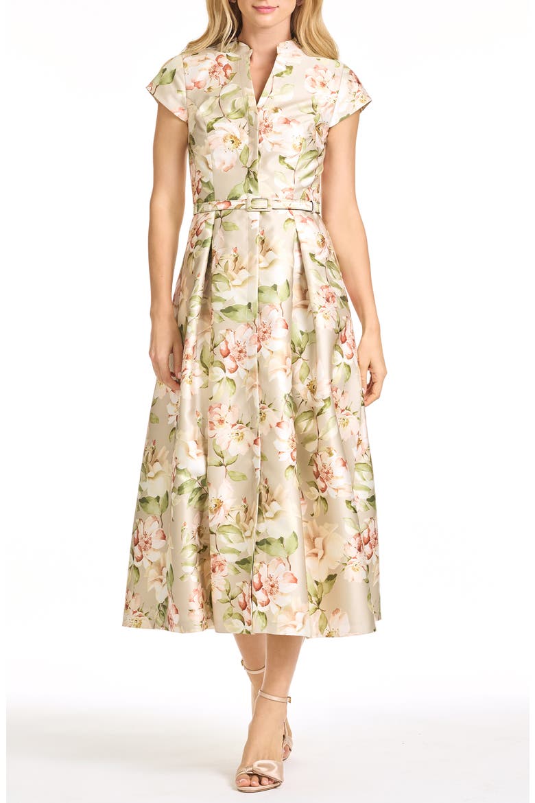Martine Floral Mikado Belted Cocktail Midi Dress, Main, color, PEWTER CAMELLIA