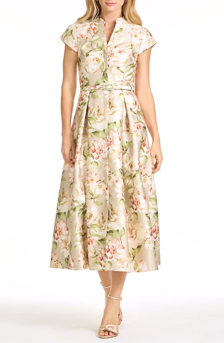 Sachin & Babi Martine Floral Mikado Belted Cocktail Midi Dress, Main, color, Pewter Camellia