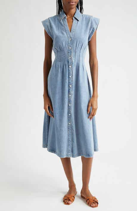 Veronica Beard Ruben Pintuck Waist Sleeveless Denim Dress