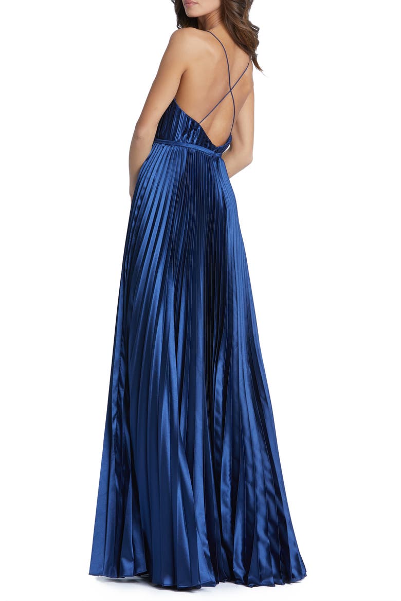 Ieena for MacDuggal Plunge Neck Pleated Ballgown, Alternate, color, MIDNIGHT
