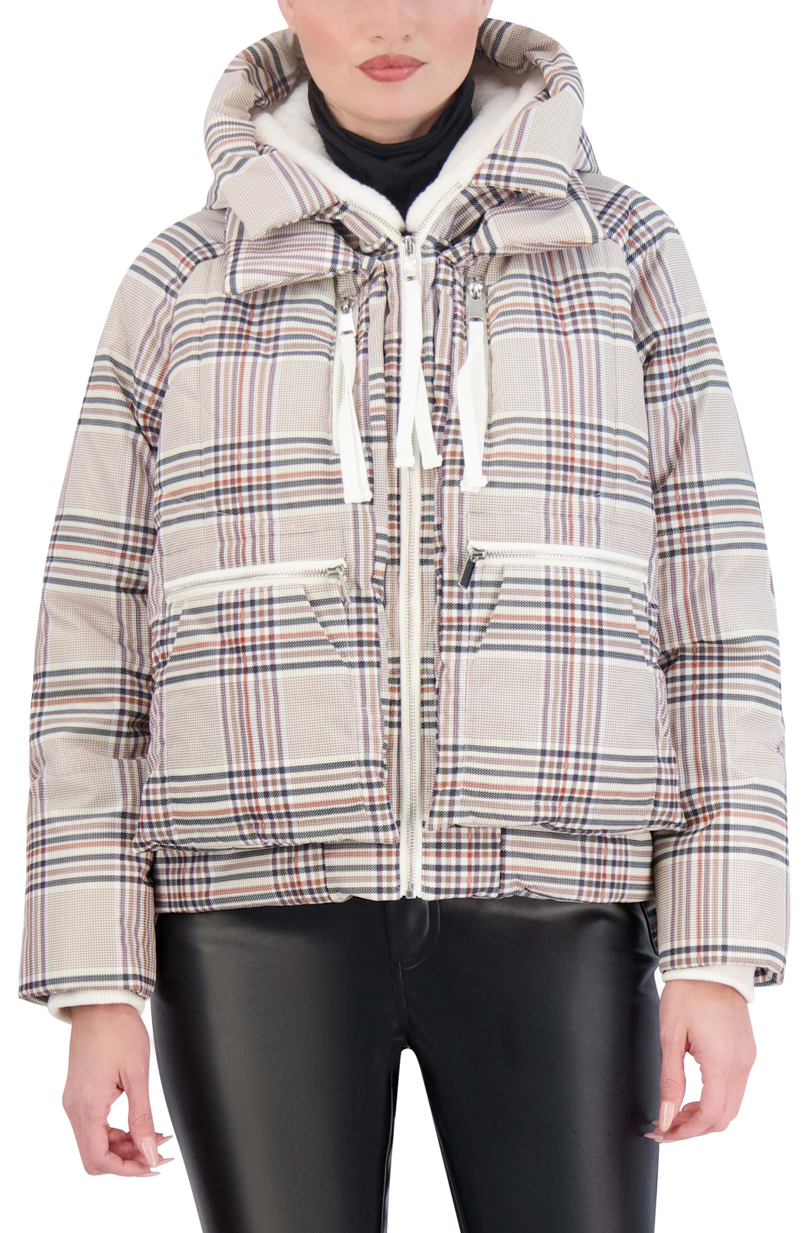 Ookie & Lala Plaid Faux Fur Lined Utility Crop Puffer Hooded Jacket