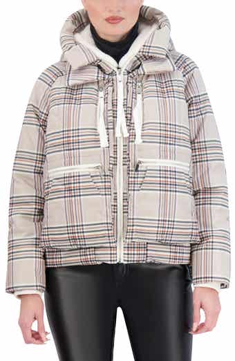 Ookie & Lala Plaid Faux Fur Lined Utility Crop Puffer Hooded Jacket