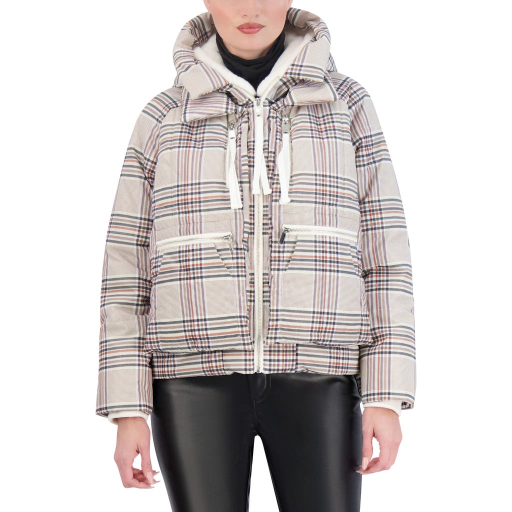 Ookie & Lala Plaid Faux Fur Lined Utility Crop Puffer Hooded Jacket In Camel Plaid