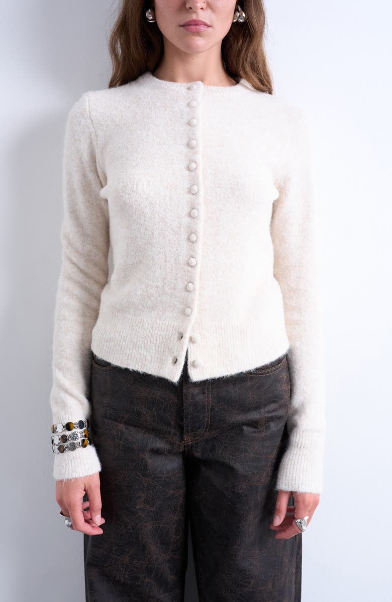 Topshop Covered Button Cardigan, Main, color, Ivory