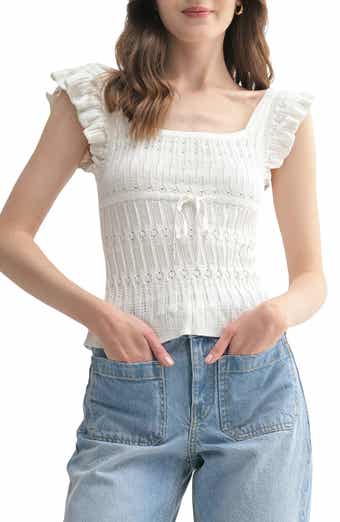 All in Favor Pointelle Ruffle Accent Knit Top