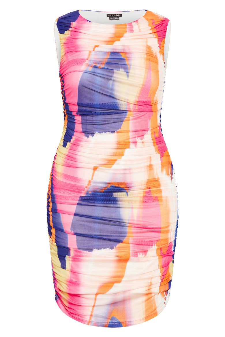 Halo Print Sleeveless Ruched Mesh Body-Con Dress, Alternate, color, INK PLAY