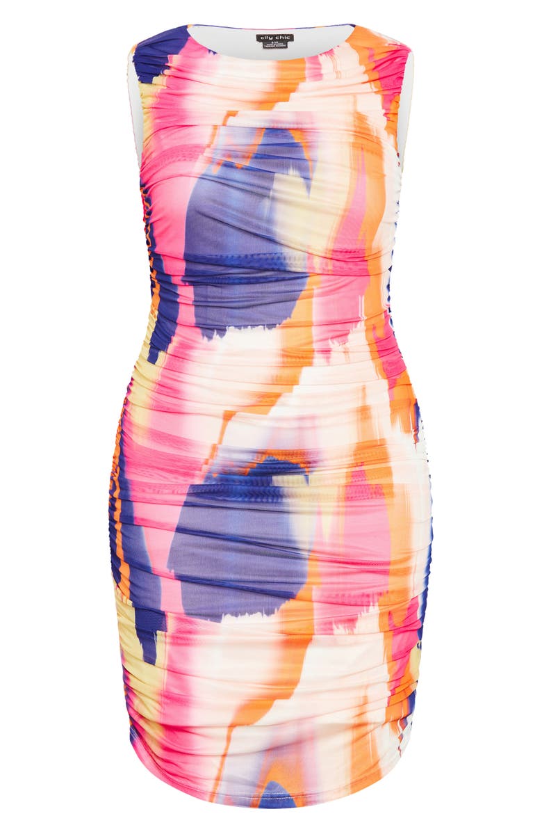 City Chic Halo Print Sleeveless Ruched Mesh Body-Con Dress, Alternate, color, Ink Play