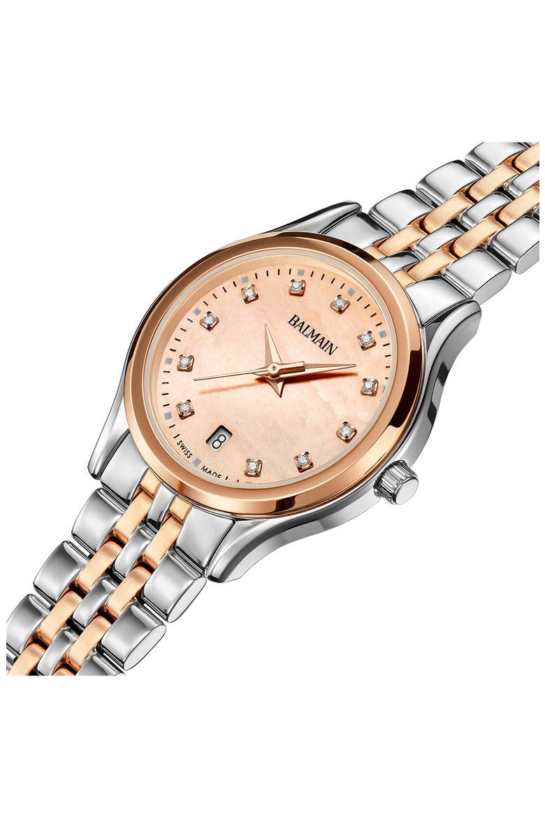Beleganza Diamond & Mother-of-Pearl Bracelet Watch, 27.5mm, Alternate, color, BICOLOR STAINLESS STEEL AND R