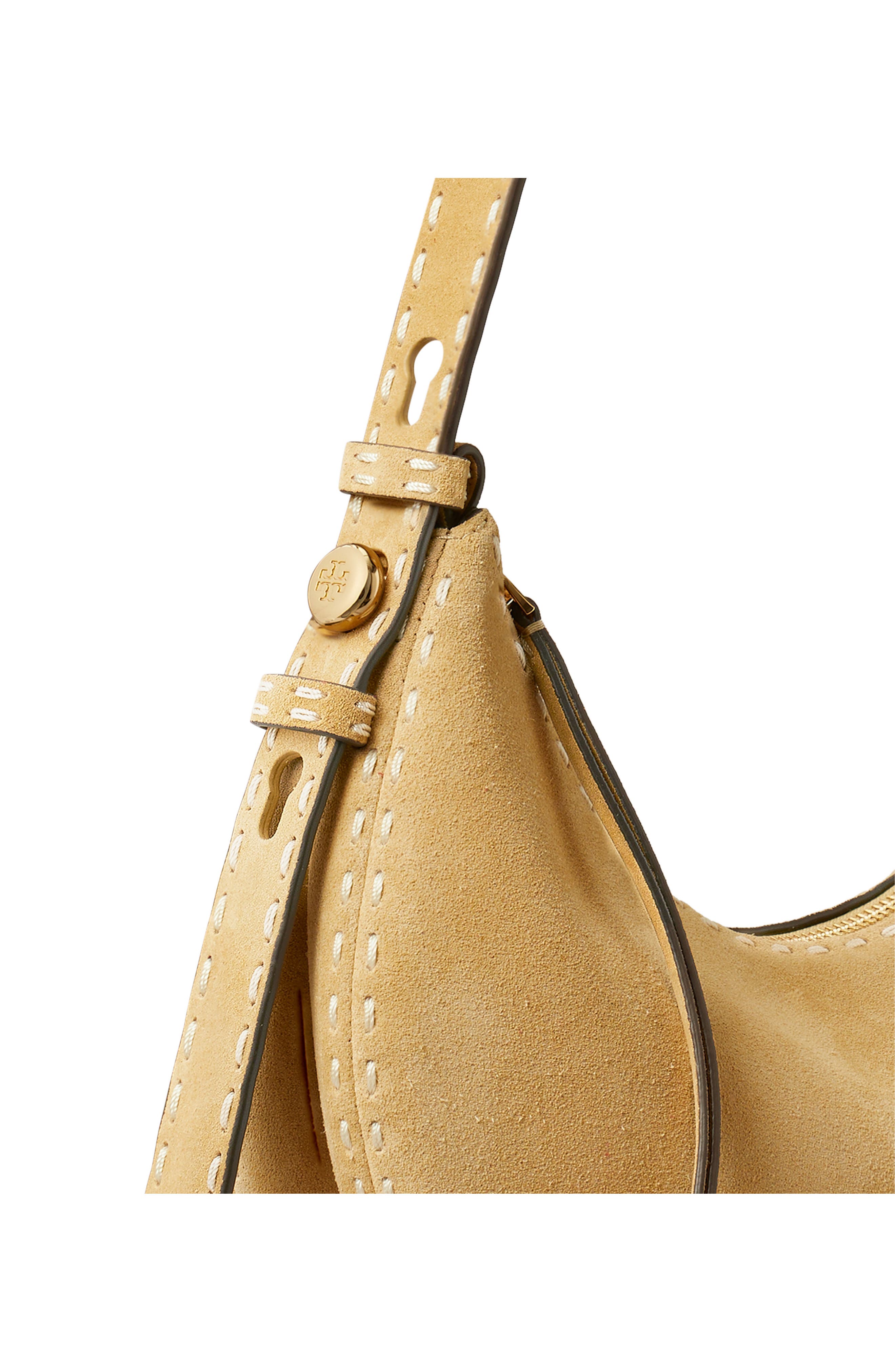 Tory Burch Romy Suede Half Moon Shoulder Bag, Alternate, color, Butter