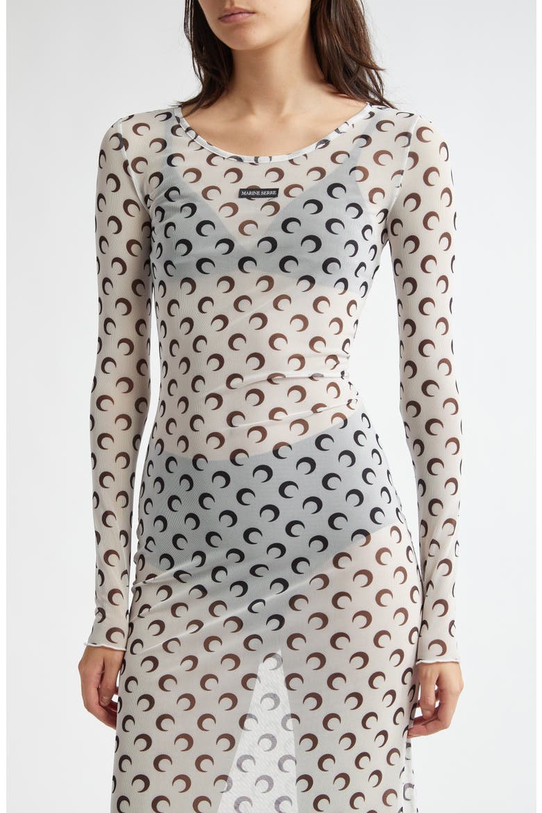 Moon Print Sheer Long Sleeve Mesh Dress, Alternate, color, OPTICAL WHITE