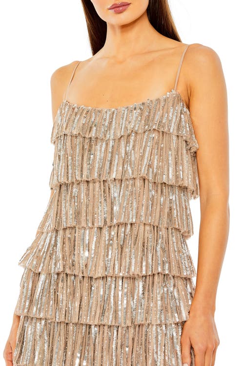 Mac Duggal Beaded Strap Sequin Ruffle Mini Dress In Nude Silver