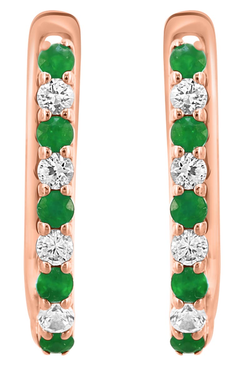 14k Rose Gold Diamond and Emerald Hoop Earrings, Alternate, color, GREEN