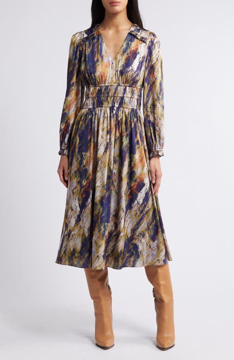 Abstract Print Long Sleeve Midi Dress