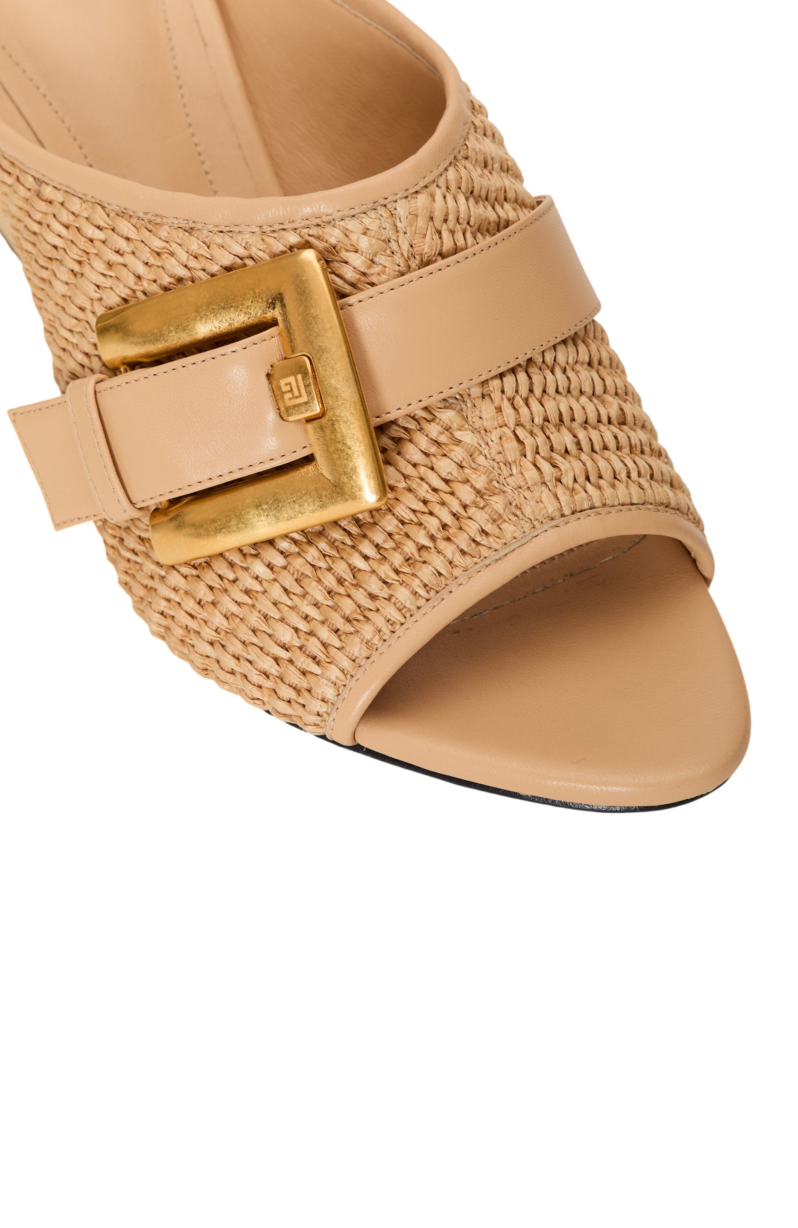 Balmain Anthem No Wedge mules in smooth leather and raffia, Alternate, color, Beige