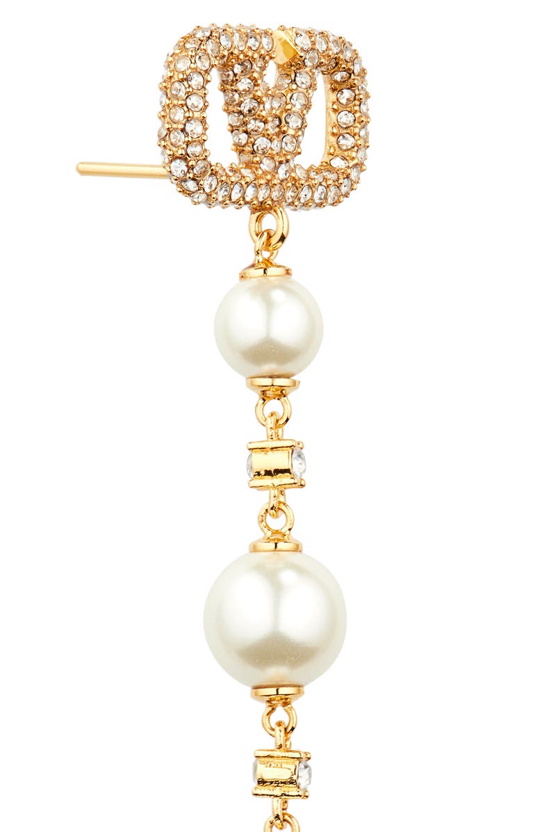 Valentino Garavani VLOGO Imitation Pearl Linear Drop Earrings, Alternate, color, Oro 18/ Cream/ Crystal Silver