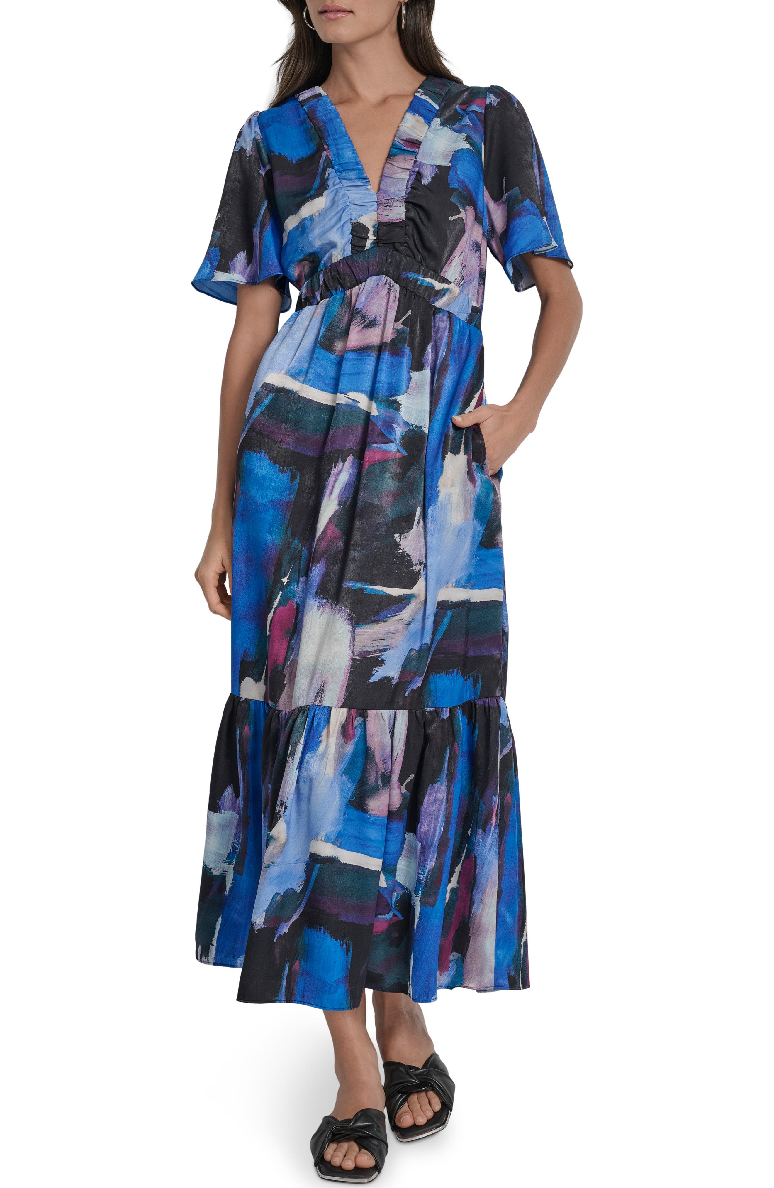 DKNY Print V-Neck Maxi Dress