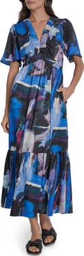 DKNY Print V-Neck Maxi Dress