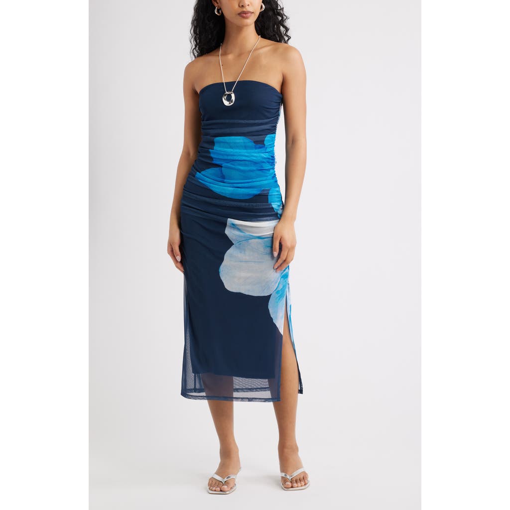 Open Edit Ruched Strapless Mesh Dress In Blue