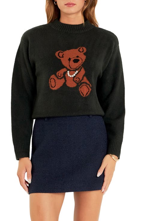 Teddy Bear Embellished Crewneck Sweater