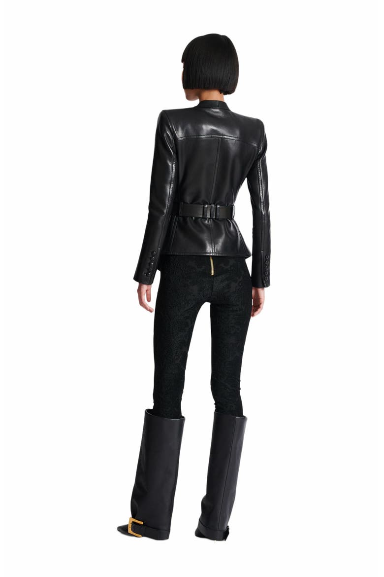 1-Button Belted Leather Jacket, Alternate, color, Black