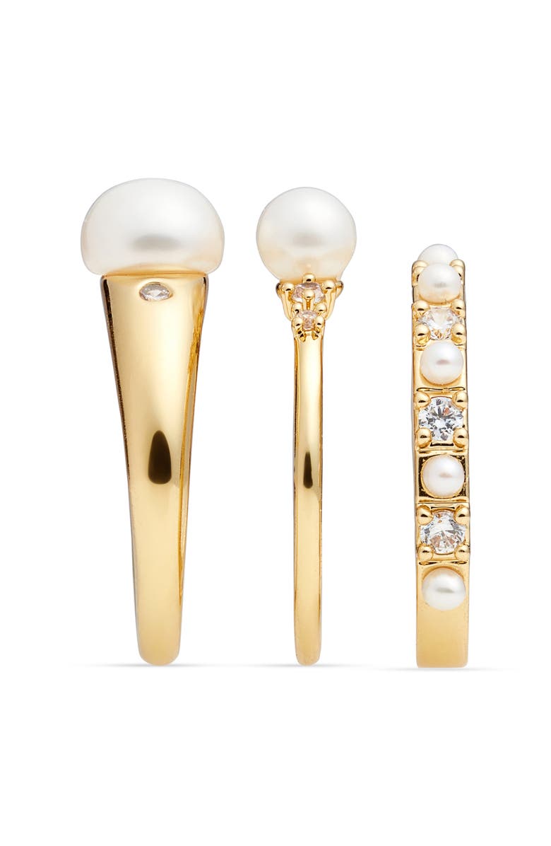 Nordstrom Set of 3 Demi Fine Freshwater Pearl & Cubic Zirconis Rings, Alternate, color, 14K Gold Plated