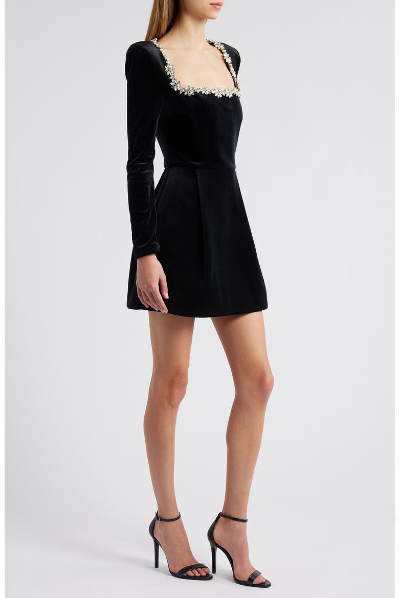 Kimberly Long Sleeve Embellished Velvet Minidress, Alternate, color, BLACK