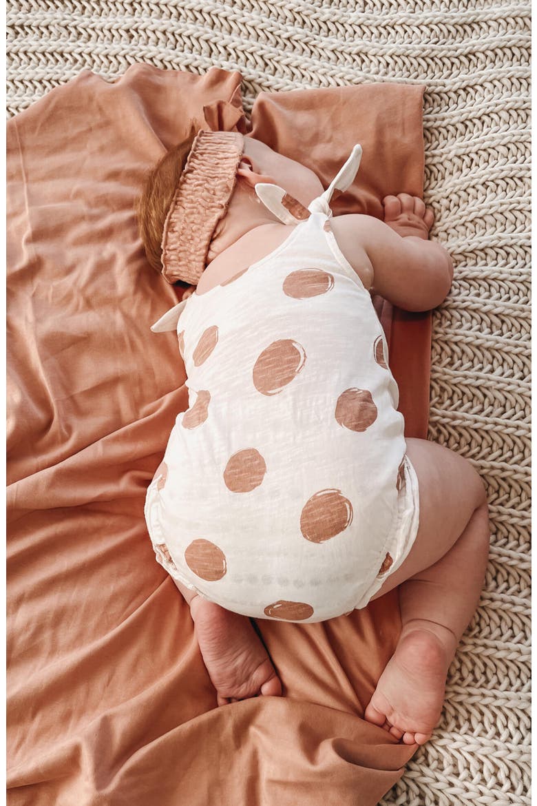 Polka Dot Organic Cotton Tie Shoulder Romper, Alternate, color, ADOBE DOT