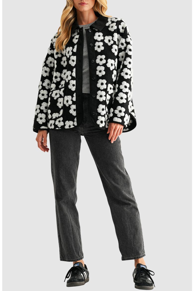 Floral High Pile Fleece Jacket, Alternate, color, BLACK WHITE