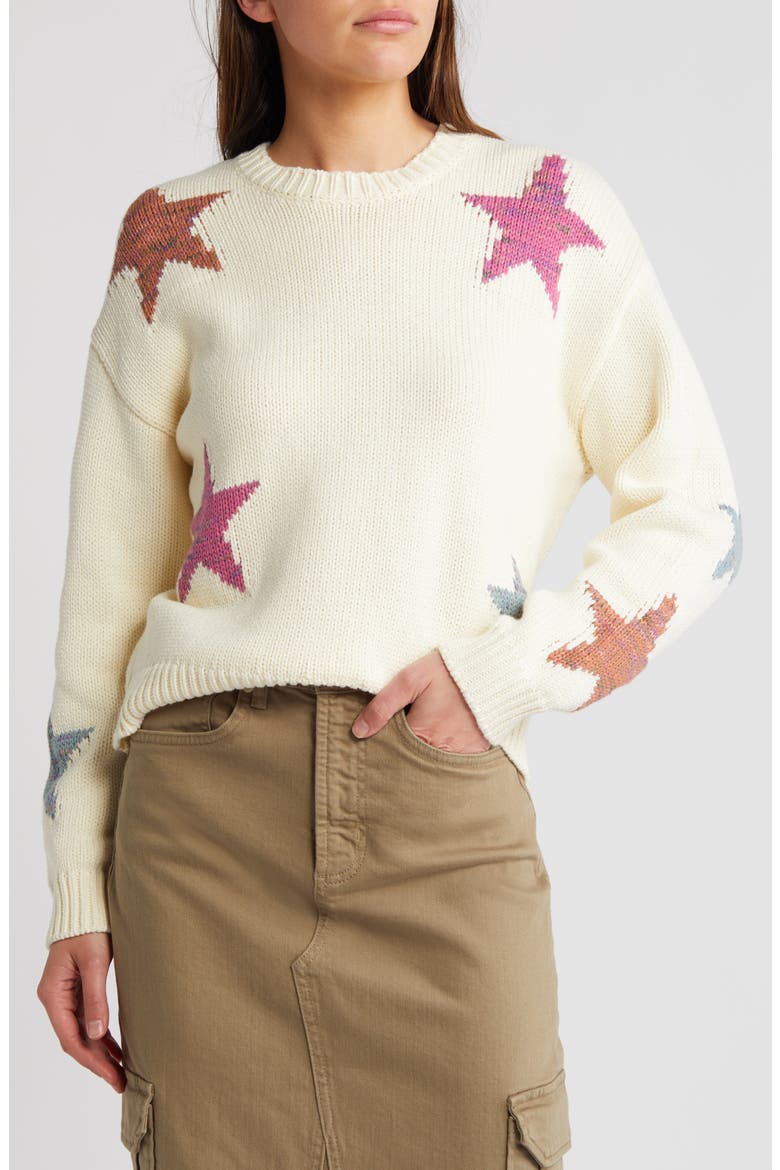 Zoey Star Intarsia Cotton Blend Sweater, Main, color, IVORY RAINBOW STARS