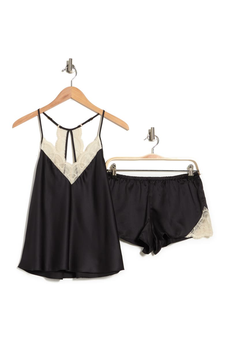 Kit Lace Trim Satin Camisole & Shorts 2-Piece Pajama Set, Alternate, color, BLACK