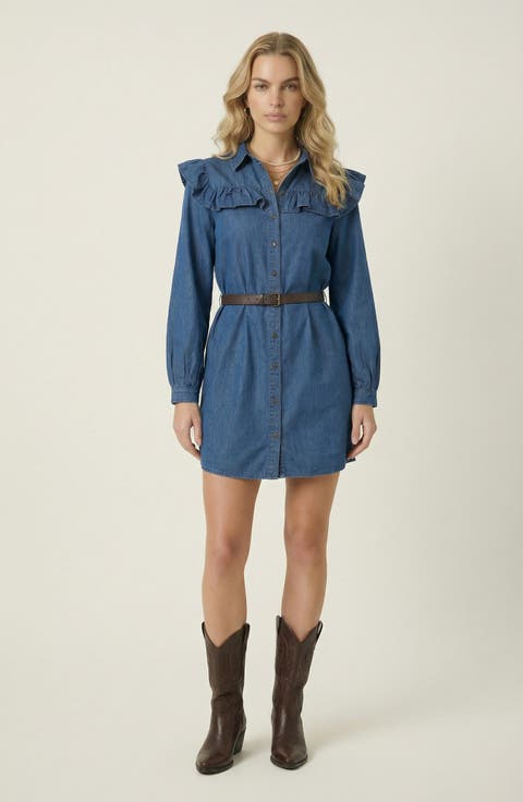 Denim Ruffle Collar Shirt Dress