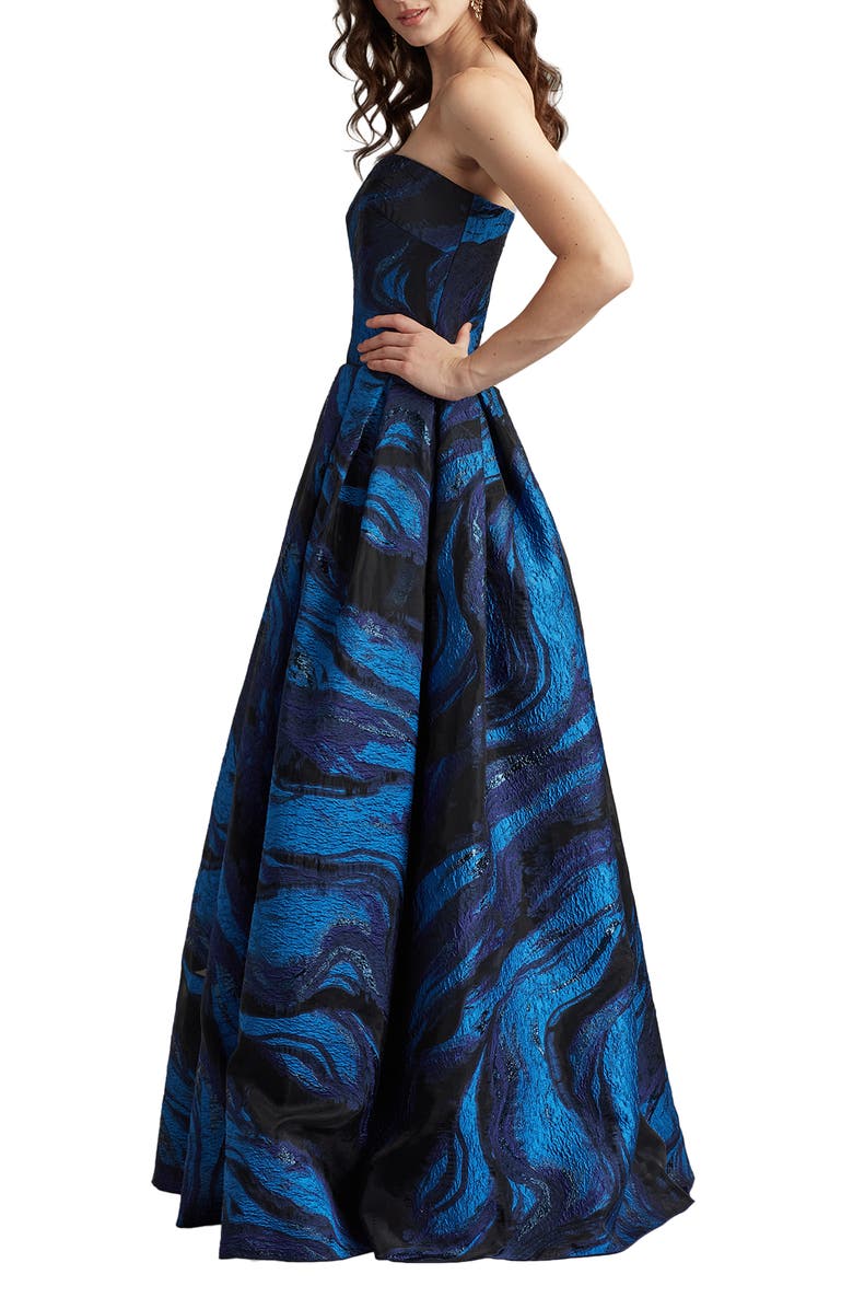 Tadashi Shoji Metallic Swirl Print Strapless Gown, Alternate, color, Navy