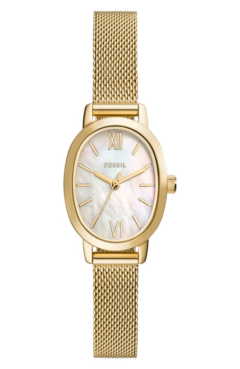 Fossil Penny Mother-of-Pearl Quartz Mesh Bracelet Watch, 23mm, Main, color,