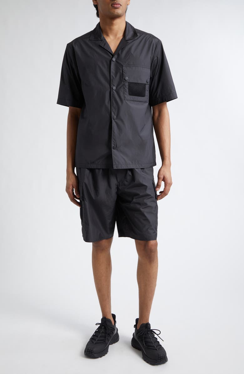 Moncler Mesh Pocket Short Sleeve Ripstop Snap Shirt, Alternate, color, Black