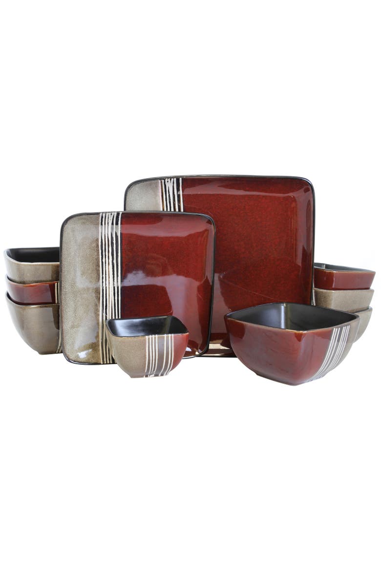 Downtown Loft 16 Piece Double Bowl Stoneware Dinnerware Set with Service for 4, Alternate, color, Red
