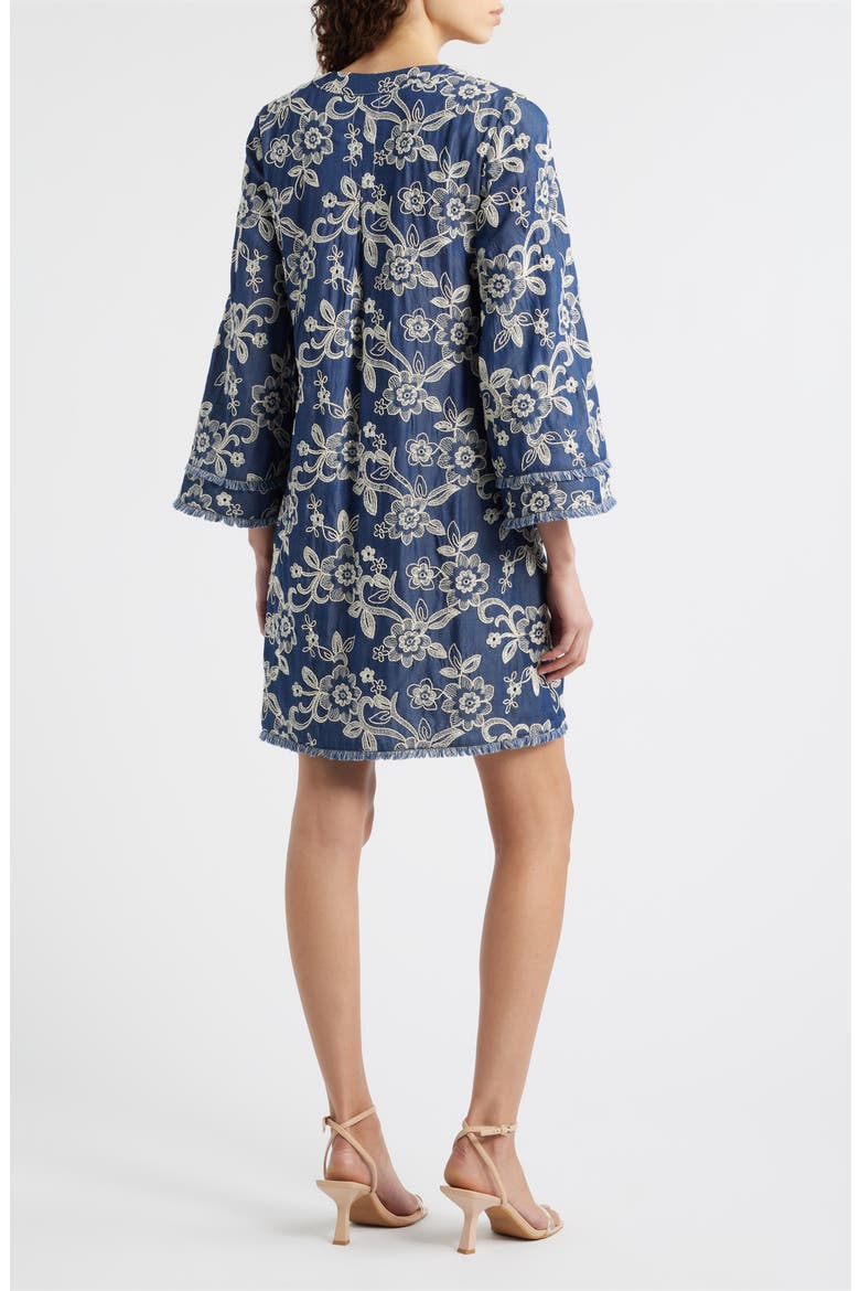 Floral Embroidered Split Neck Shift Dress, Alternate, color, DENIM