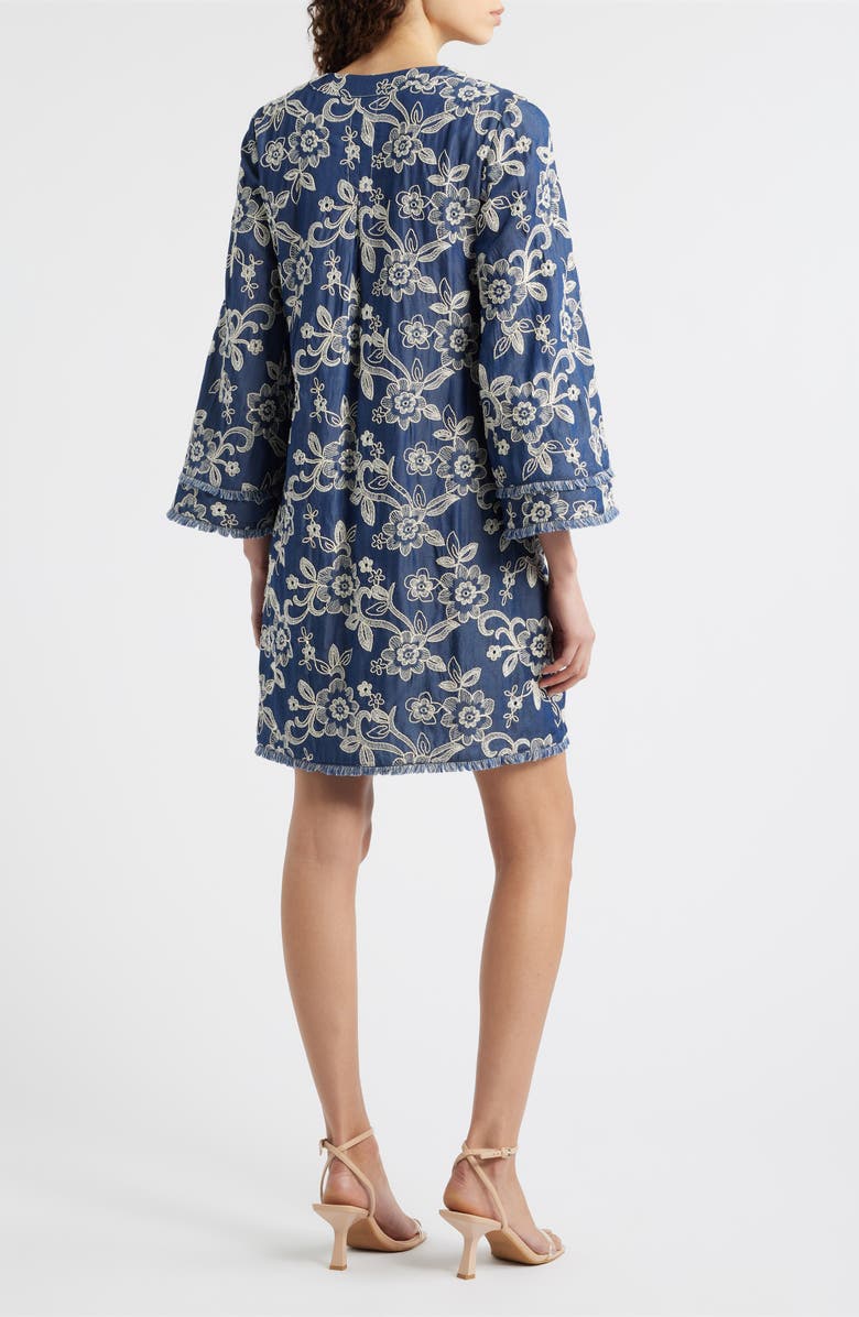 Eliza J Floral Embroidered Split Neck Shift Dress, Alternate, color, Denim