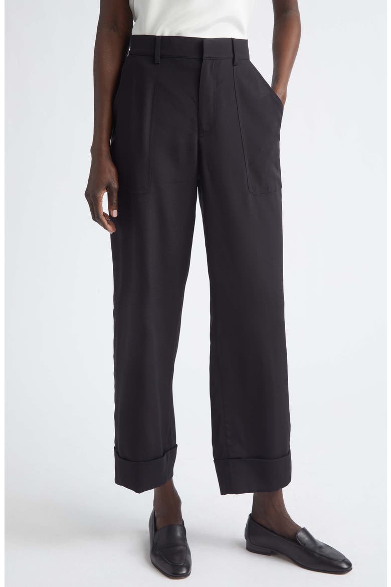 Highline Stretch Silk Crêpe de Chine Ankle Straight Leg Pants, Main, color, BLACK